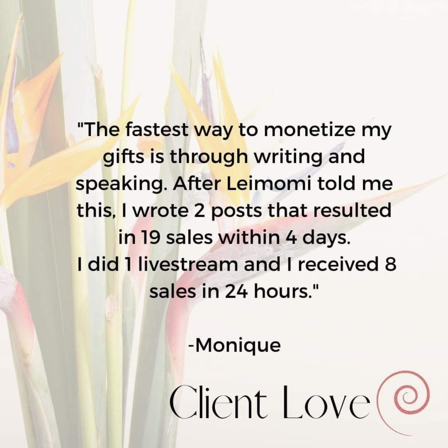 Client testimonial reporting sales after aligning her message