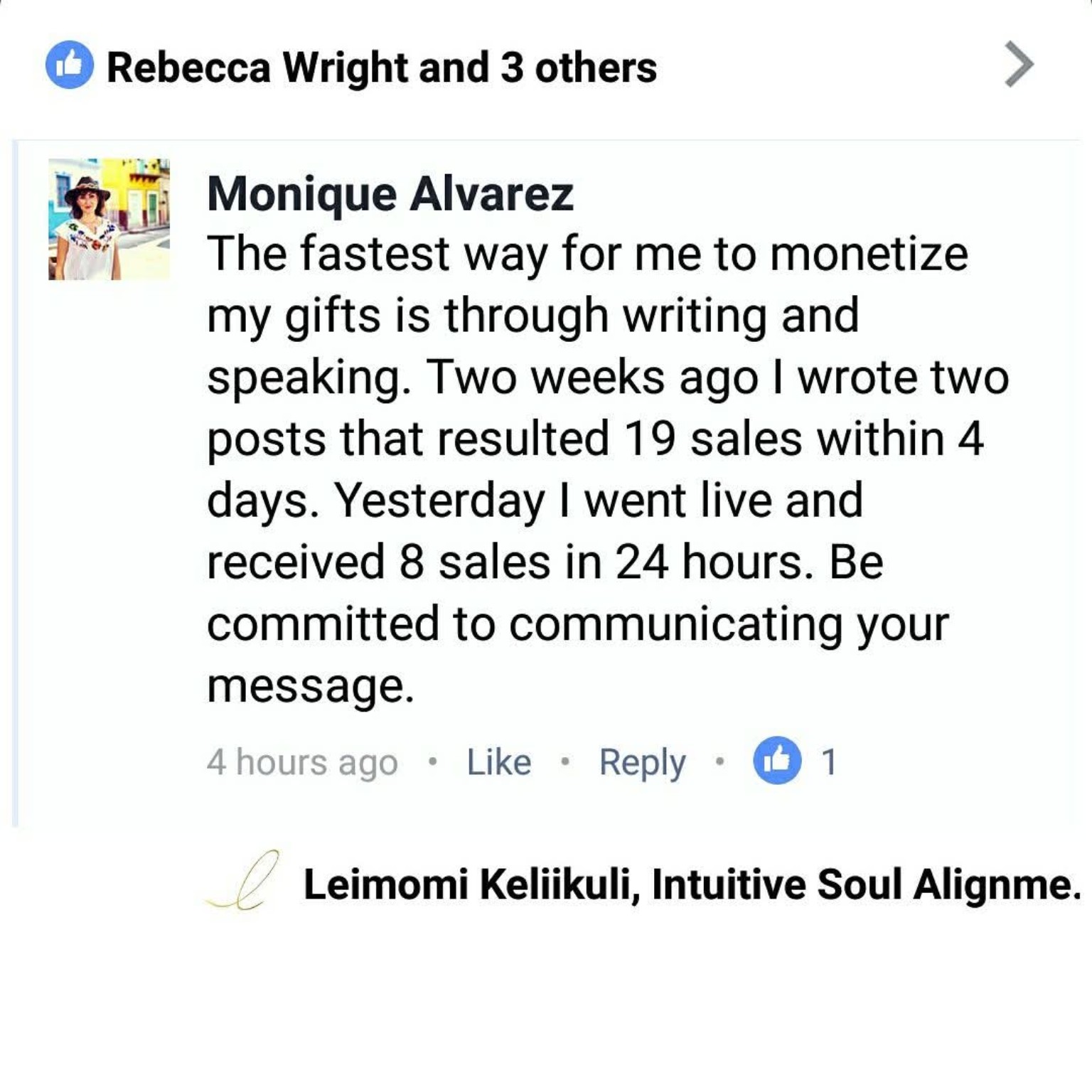 Client testimonial about monetizing soul gifts through writing and speaking
