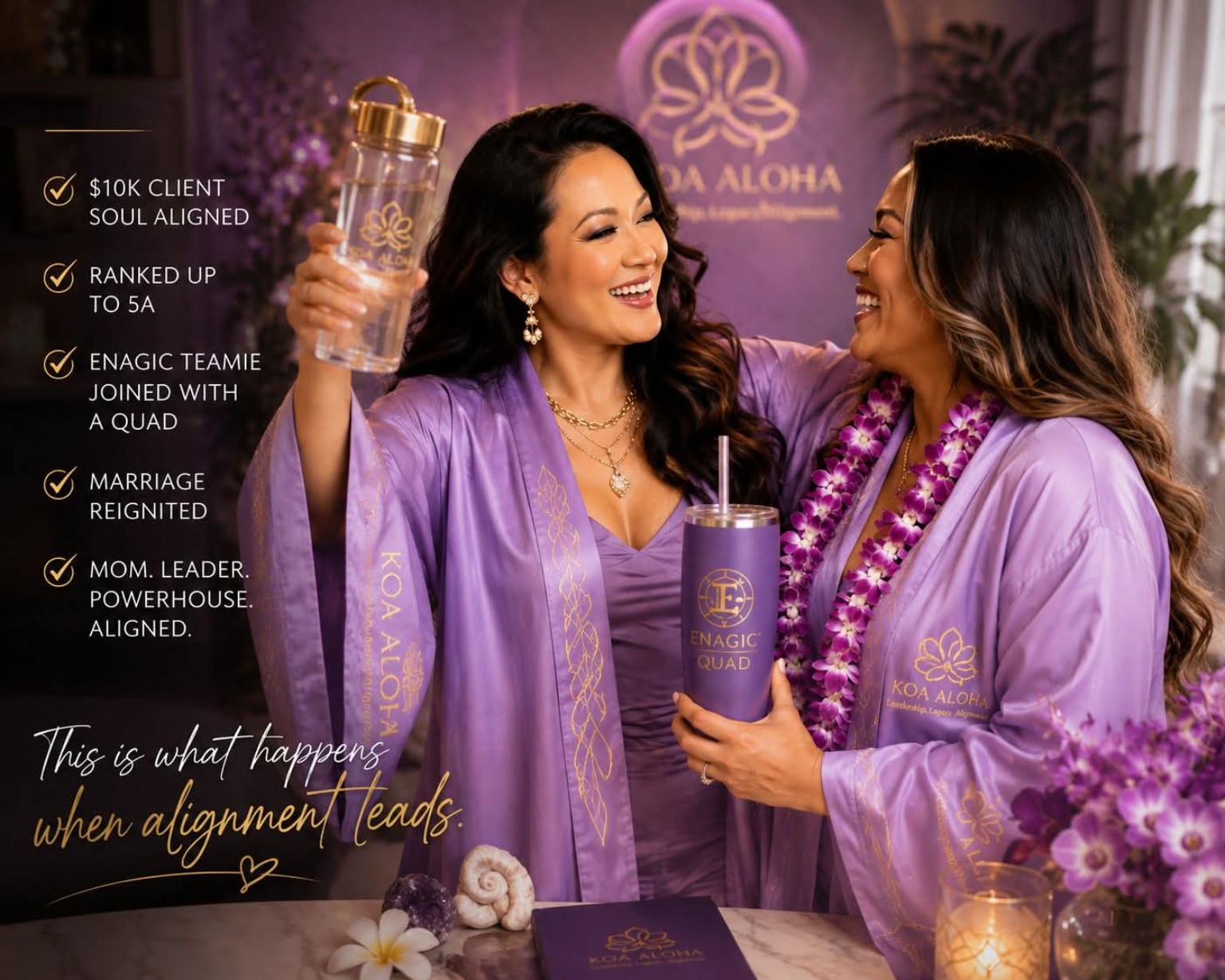 Koa Aloha client alignment testimonial celebrating advancement to Enagic 5A, team growth and renewed connection at home