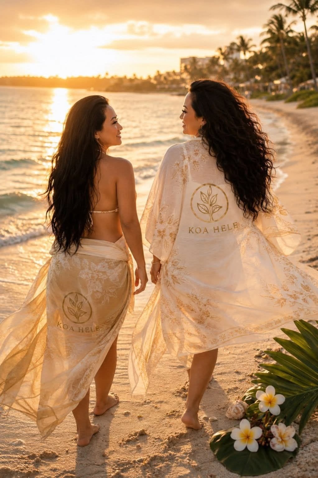 Two women walking on a beach at sunset