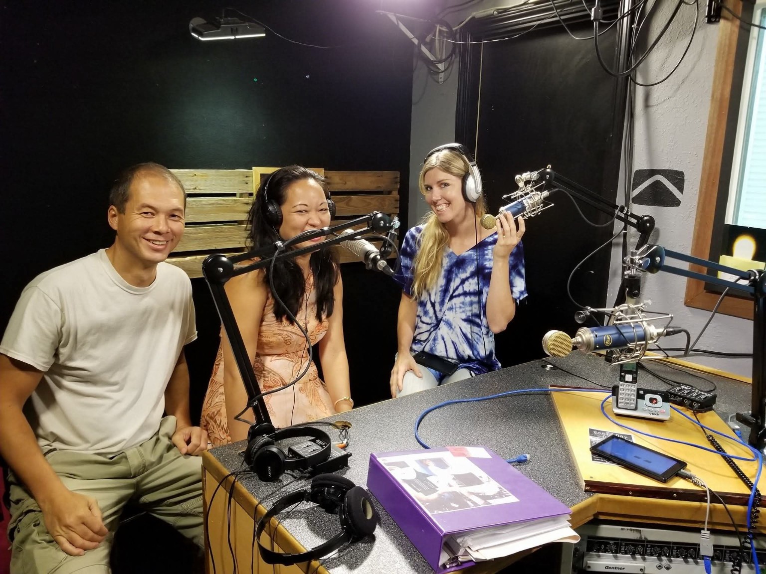 Leimomi recording an interview in a radio studio
