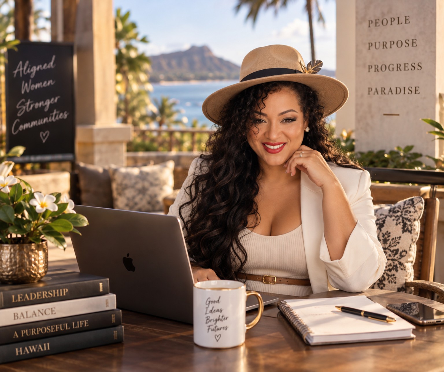 Leimomi working from a laptop beside the water