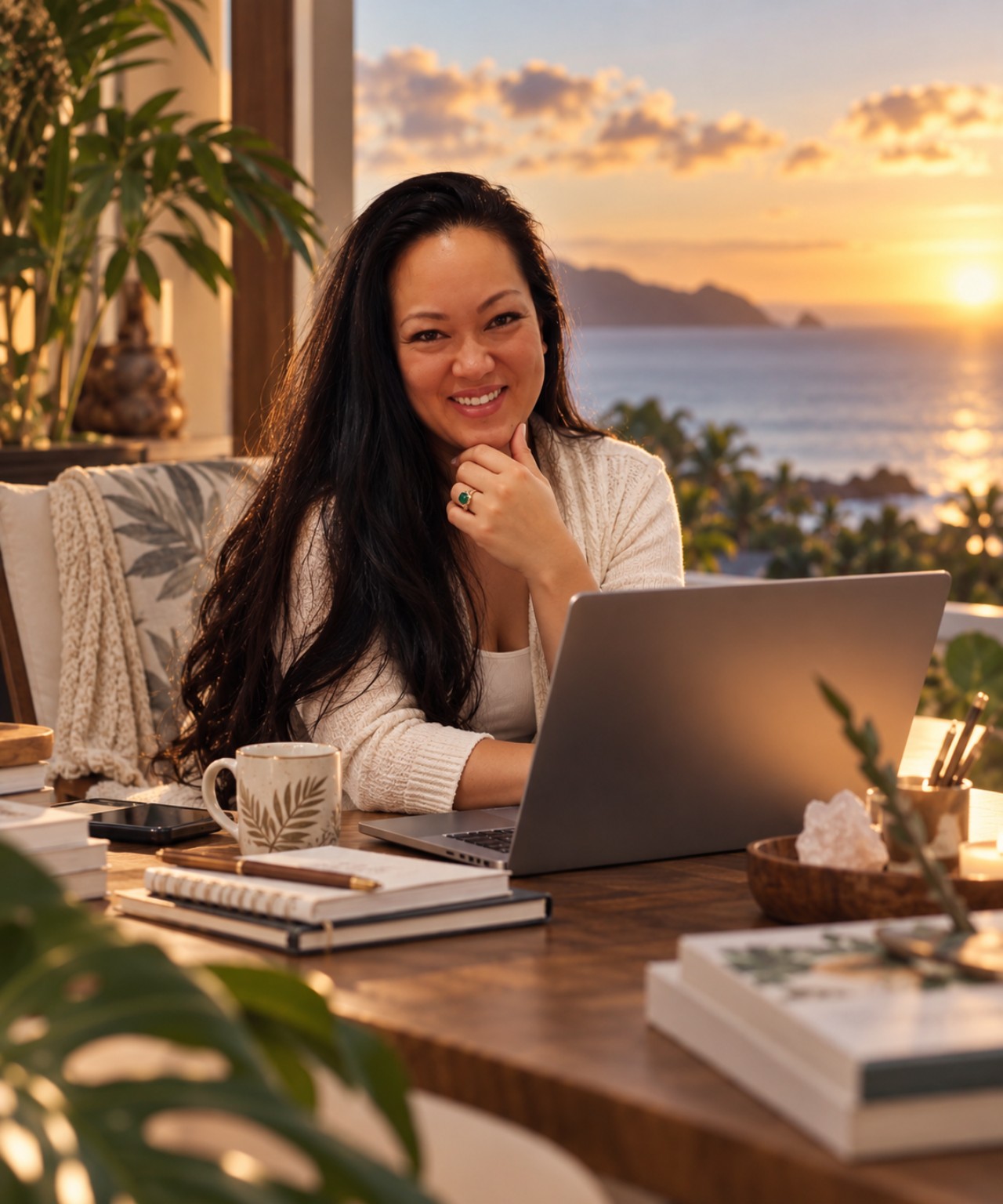 Leimomi working beside the water at sunset